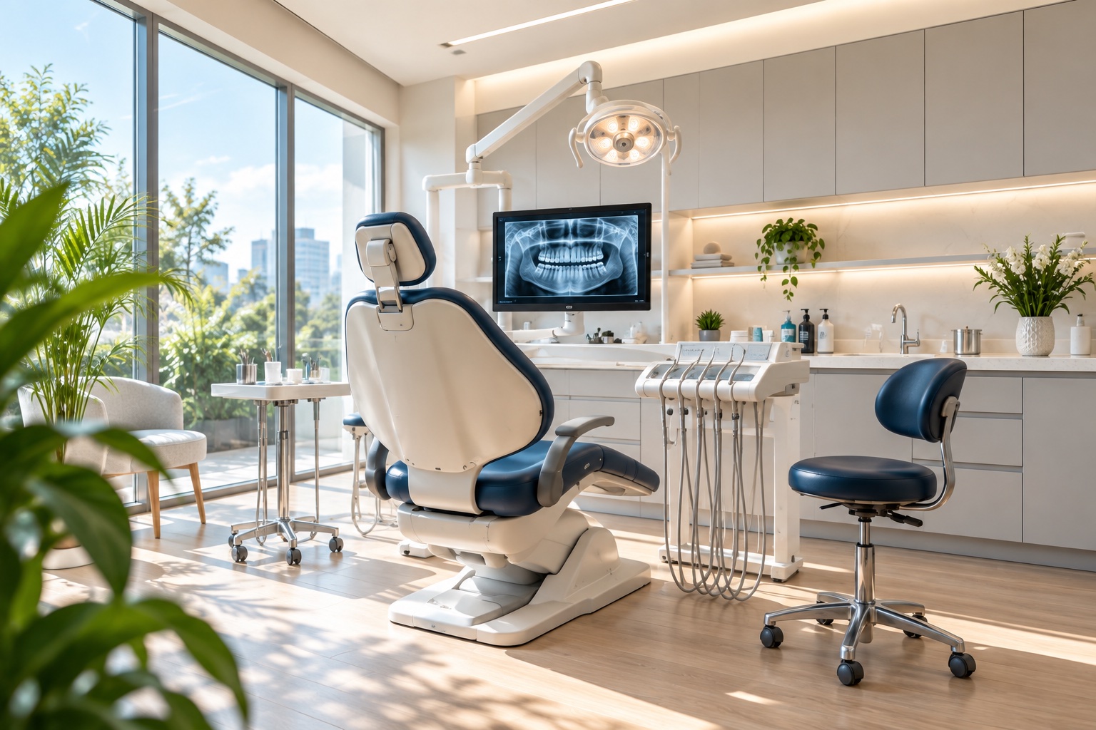 Consultorio dental luminoso con sillón moderno, equipo de diagnóstico y amplios ventanales