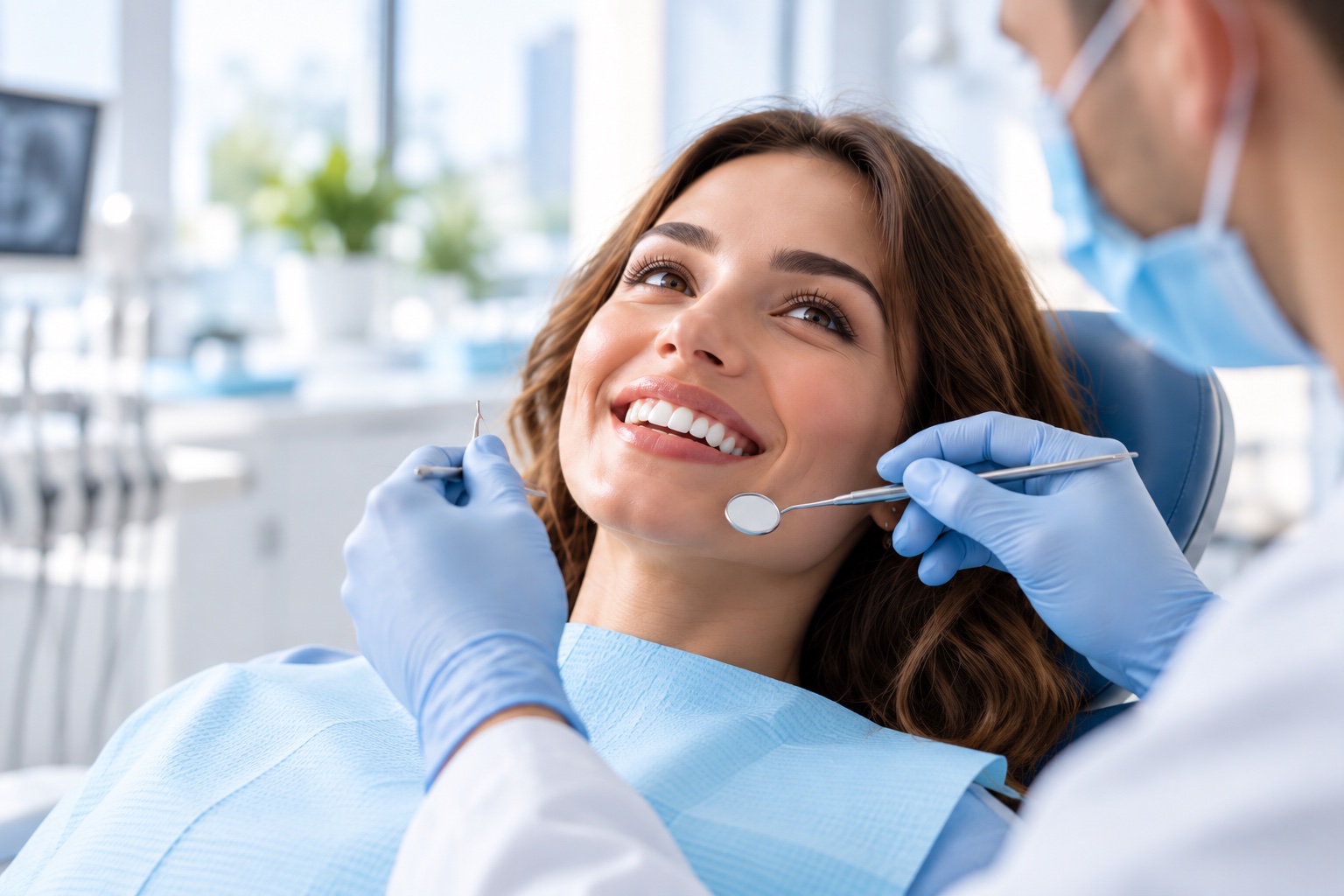 Mujer sonriente durante una revisión dental en un consultorio moderno